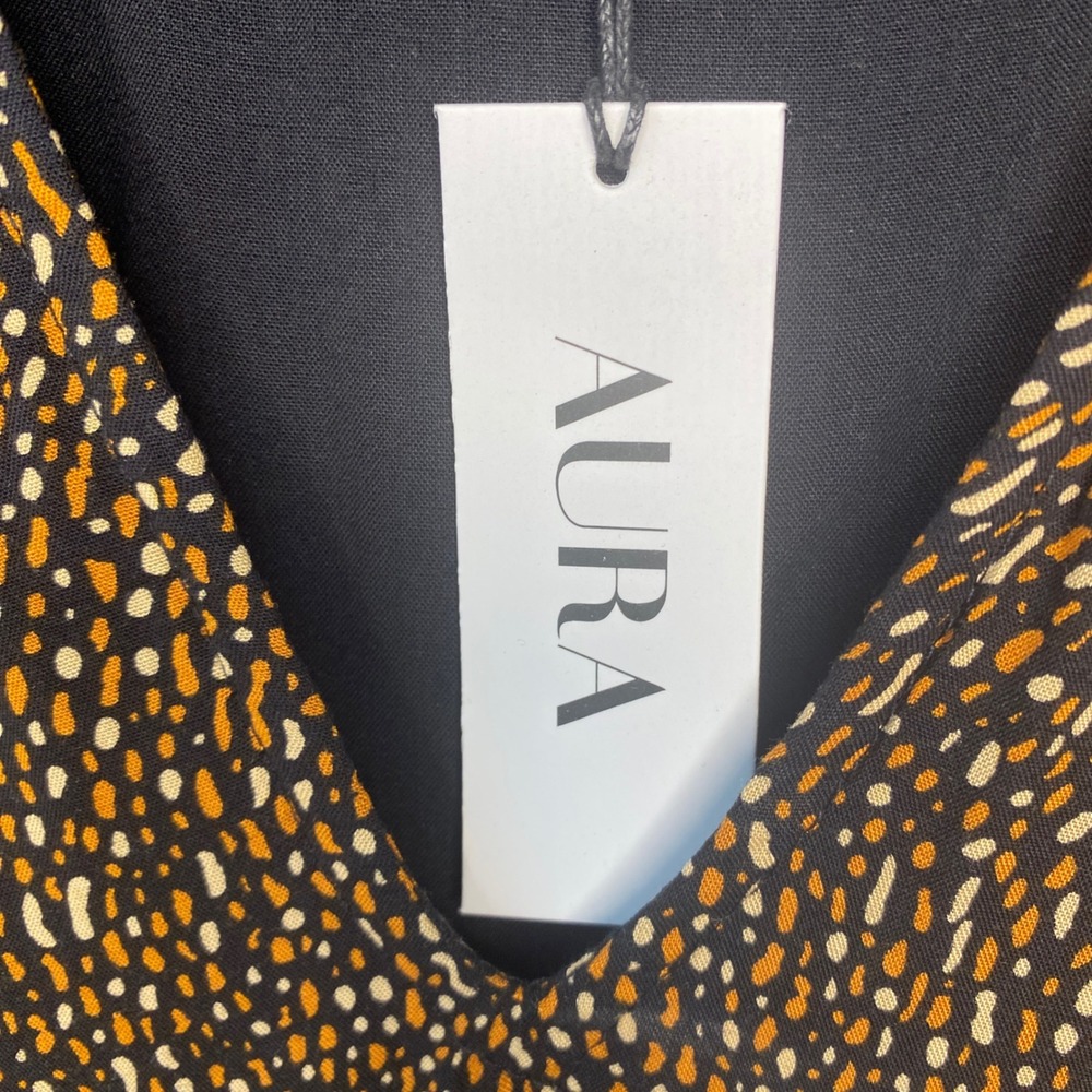 Aura The Label Women Small Black Orange Dotted Tiered Ruffle Neck Midi Dress NEW - Picture 6 of 14